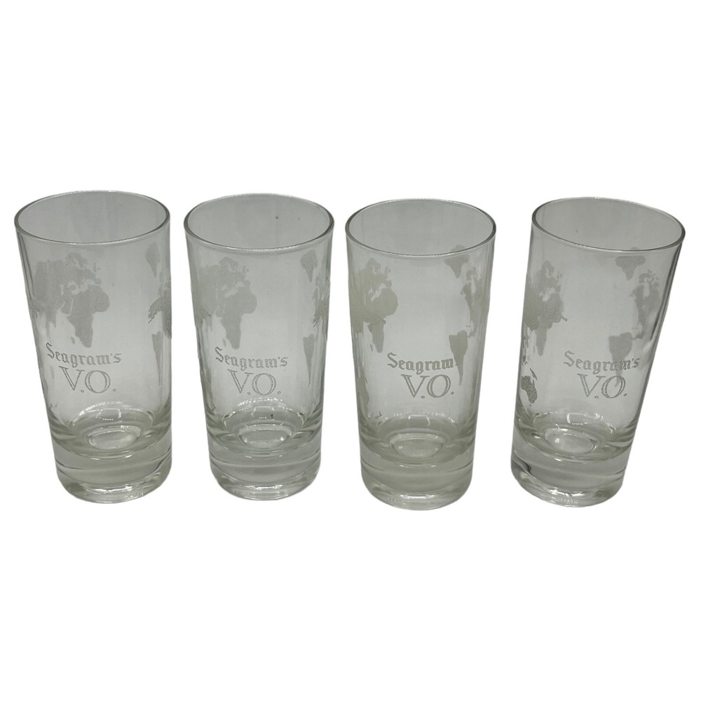 4 Seagrams VO Globe Cocktail Glasses Clear W/ Frosted Map Vintage Barware